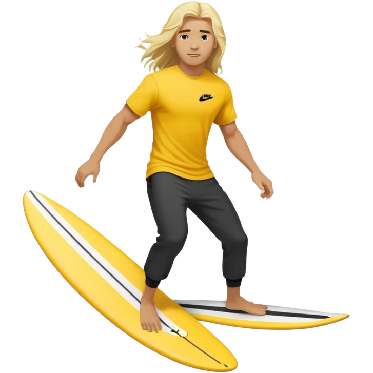 Man surfing on a yellow white board with long blond hair, yellow t-shirt with black Nike logo in center of chest, black baggy sweatpants. emoji
