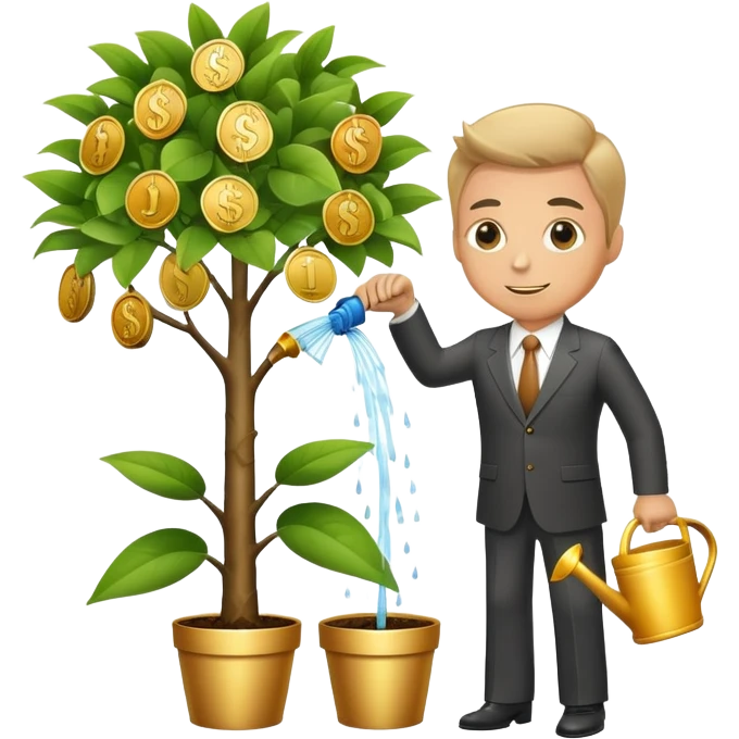 Businessman in suit watering a money tree with growing coins and dollar signs emoji