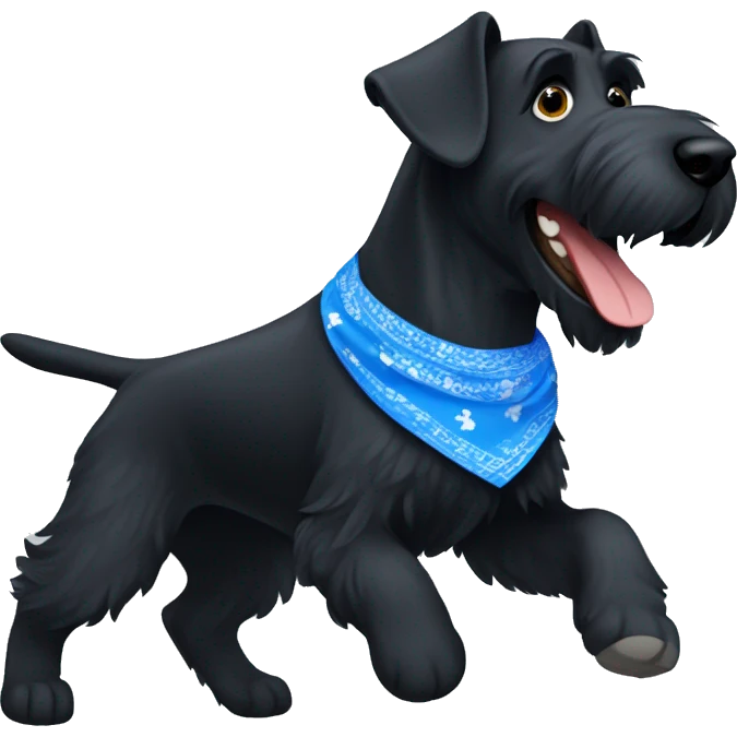 Happy black giant schnauzer running with a blue bandanna on the neck emoji