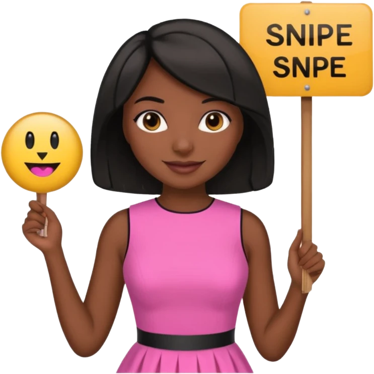 Dark skin woman with black bob in hair holding sign that says snipe  wearing pink dress  emoji