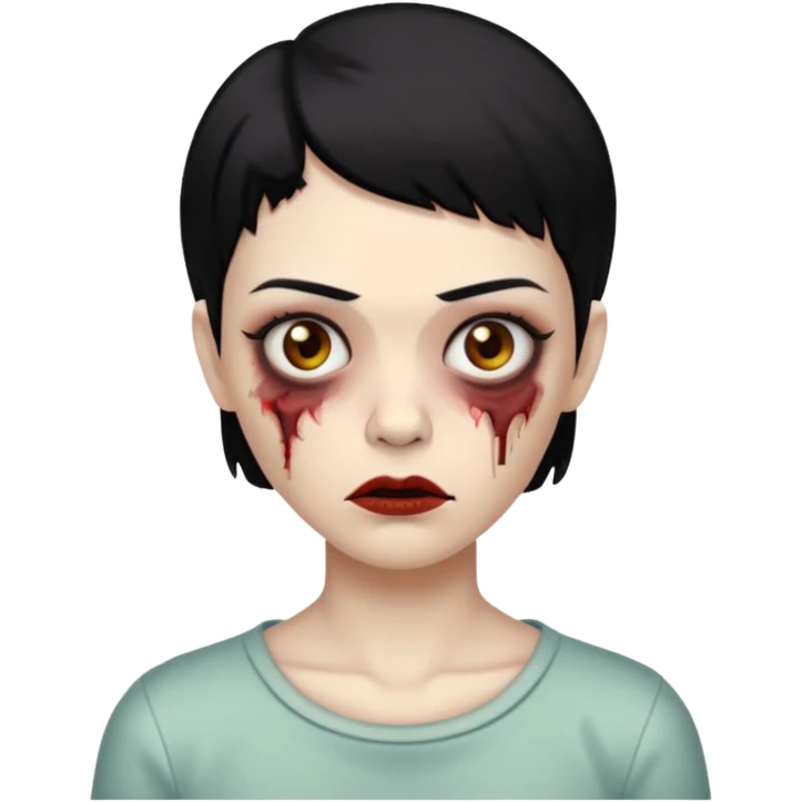 Uma mulher zombi com cabelos curtos e pretos e sobrancelha fina e reta  emoji