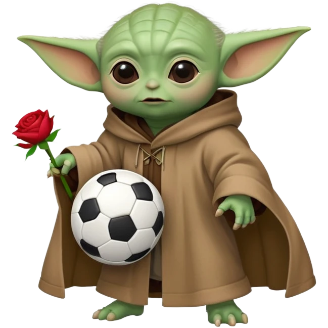 baby yoda kicking a soccer ball with small roses beside him emoji