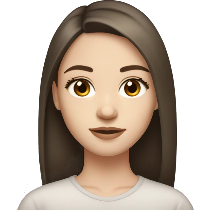 dark brunette girl with semi pale skin and pretty eyelashes and medium thin brows, light brown eyes. pretty silky long hair with long fringe emoji