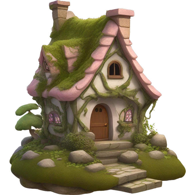 Fairy house with cobblestone steps and a light pink shingled roof partially covered in moss and vines  emoji