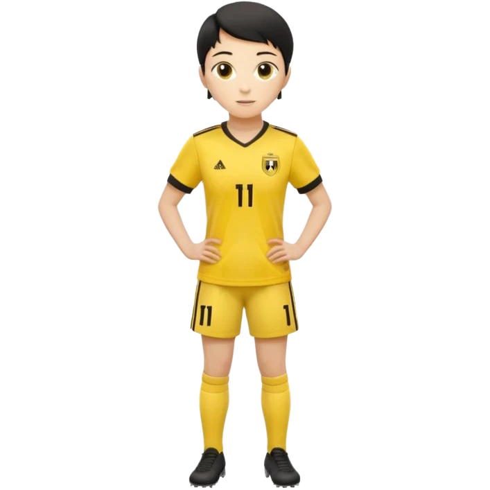 Apple emoji style 23 year old soccer player standing hands on waist, yellow jersey #11, soft shadows emoji