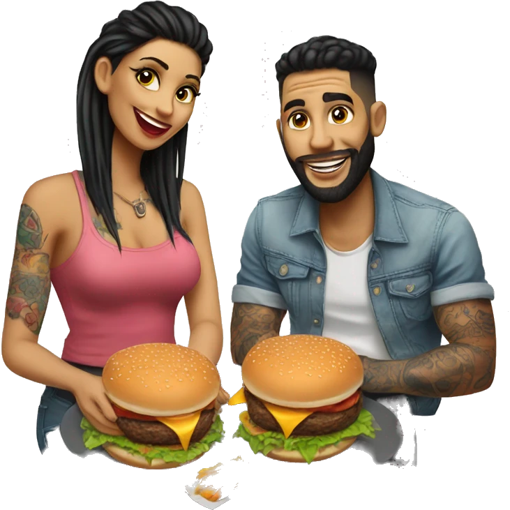 Beautiful tattooed couple eating burgers emoji