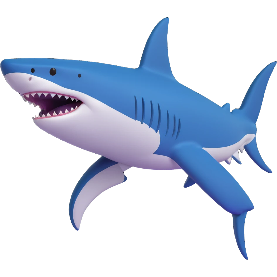 Edit the shark emoji in the smooth, cartoonish, 3D emoji style to be a dark moderate blue color. Remove legs and sneakers. The shark should be facing right with no background. emoji