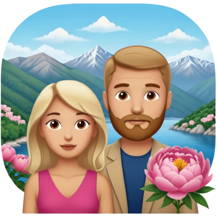 Couple traveling in Montenegro russian man and elegant  Latina girl delicate peonies and mountains in the background  emoji