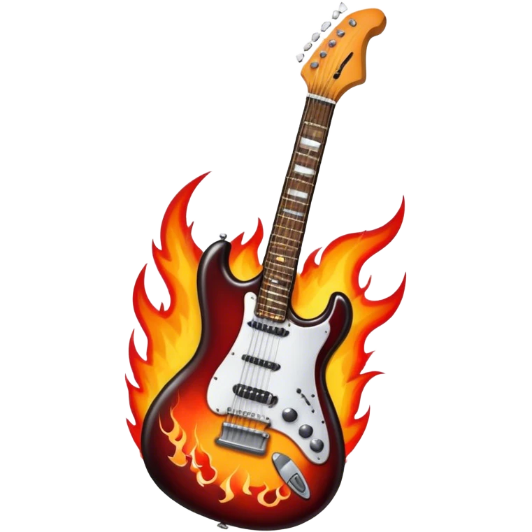 Create a bold and powerful emoji representing rock vocal performance in a humanless collage. The design should feature a vintage microphone at the center, surrounded by a heavy, aggressive hardcore electric guitar with sharp, jagged edges. Include crossed drumsticks behind the guitar, symbolizing the intense rhythm of rock music. Add fiery elements like flames or lightning bolts to enhance the raw energy of the design. Use dark, bold colors like black, red, and silver, with metallic or chrome accents to reflect the rebellious, hard-hitting nature of rock. The background should be transparent. emoji