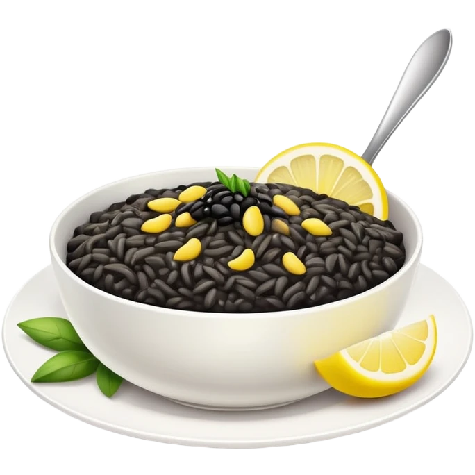 black risotto in a white bowl with a slice of lemon emoji