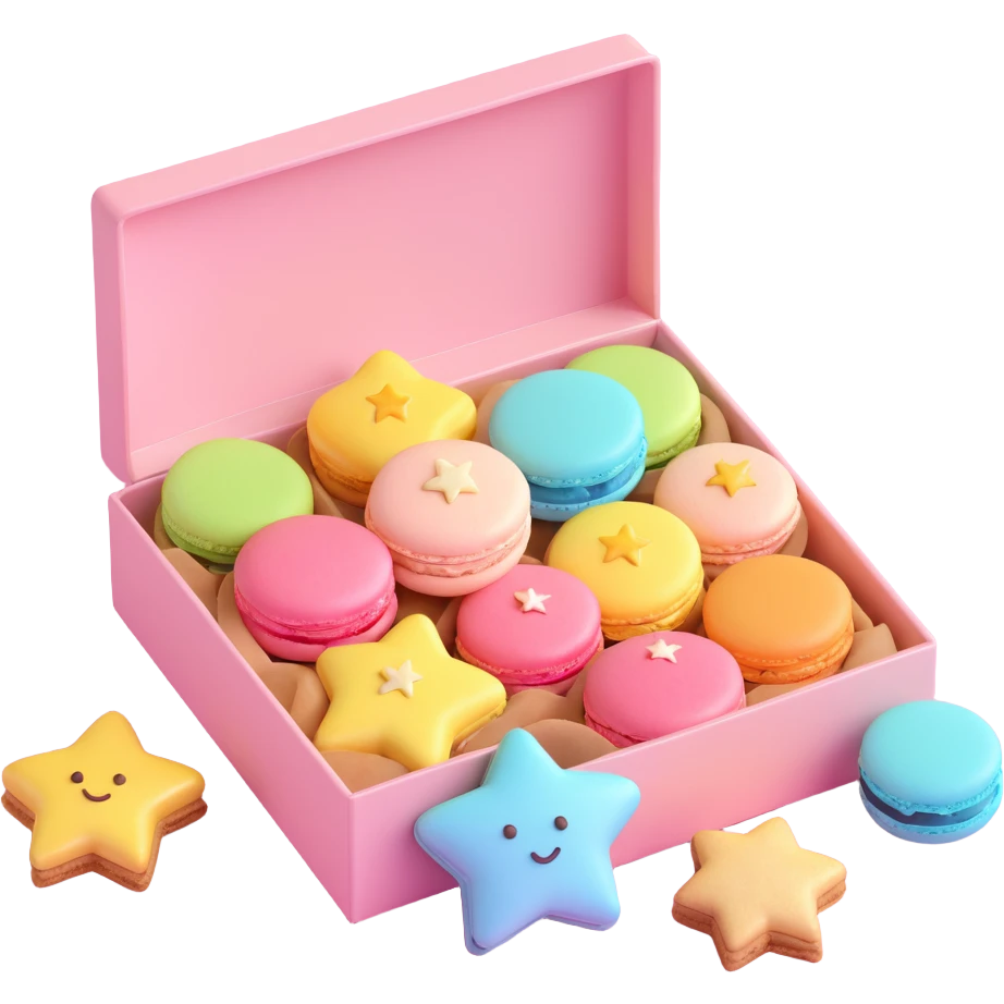 a box of macarons with star-shaped cookies, playful, shiny, pastel palette, cute and whimsical, iOS 3D emoji style emoji