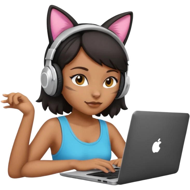 black girl who works remotely through a laptop with cat ear headphones emoji