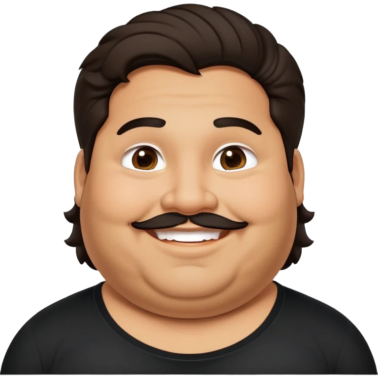 Hombre barba obeso latino piel canela, cara redonda-ancha, scruff sin barba completa, cejas gruesas, pelo oscuro ondulado flat largo hasta el cuello. Sonrisa amplia, expresión alegre. Camisa negra. Size large.  emoji