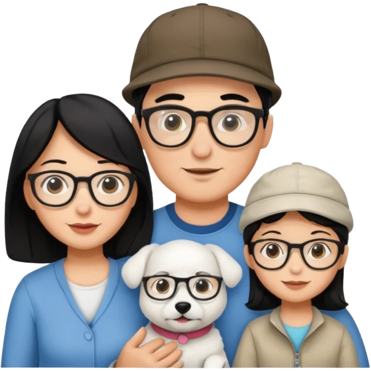 Mom black hair with glasses, Dad black hair with cap, Daughter black hair with glasses, white Dog emoji