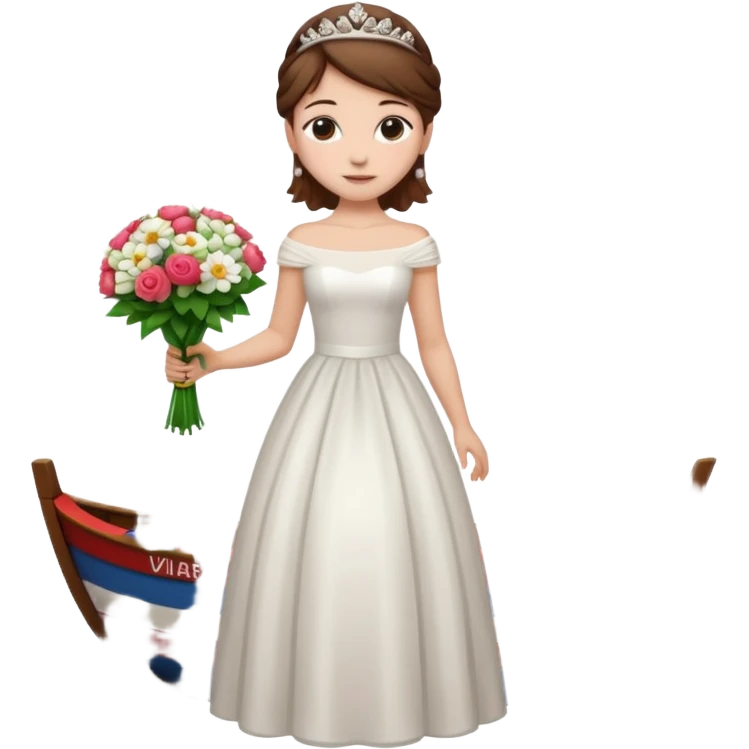 Chica blanca,cuerpo entero, vestido boda cuello barco y , pelo castaño,   1 ramo de flores , pelo recogido con tiara emoji