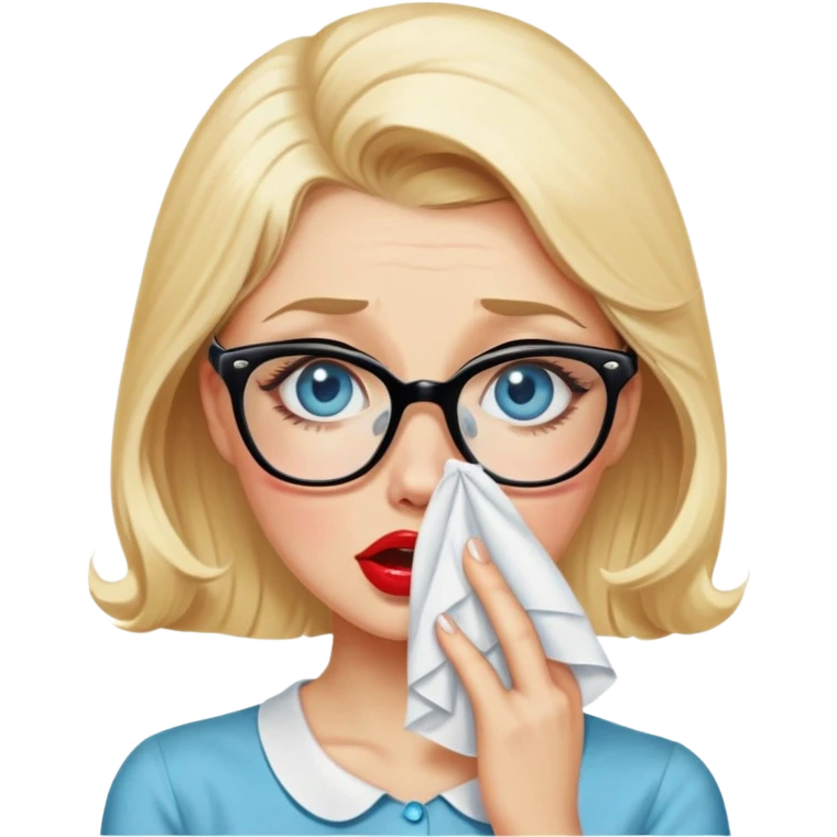 Blonde hair, blue eyed, wearing glasses 50's style pinup crying into a tissue  emoji