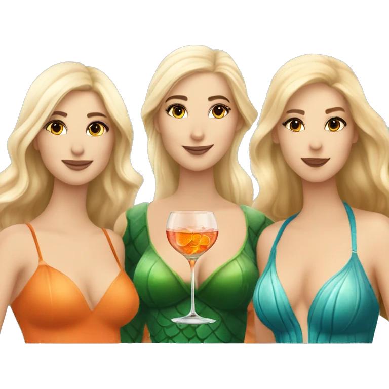 Three beautiful mermaids (one blond and two brown hair) drinking aperol spritz emoji