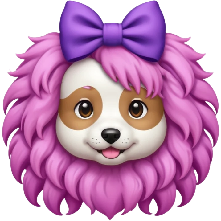 dog with pink long curly hair and purple bow on head emoji