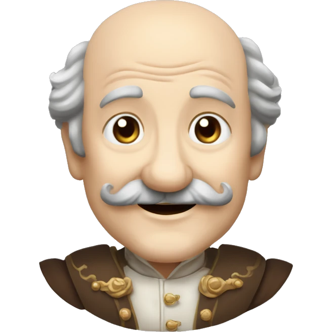 Short pudgy old man over enthusiastic happy excited face bald forehead long wavy gray and brown brunette long wavy hair moustache Shakespearean dress vintage clothes hamlet small arms emoji