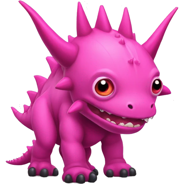 A giant pink kaiju with a long neck, 2 bright pink tusks, horns and 10 spines. He has also 4 full dark pink eyes with no pupils, dark pink claws and he got 2 spines on its tail.  emoji