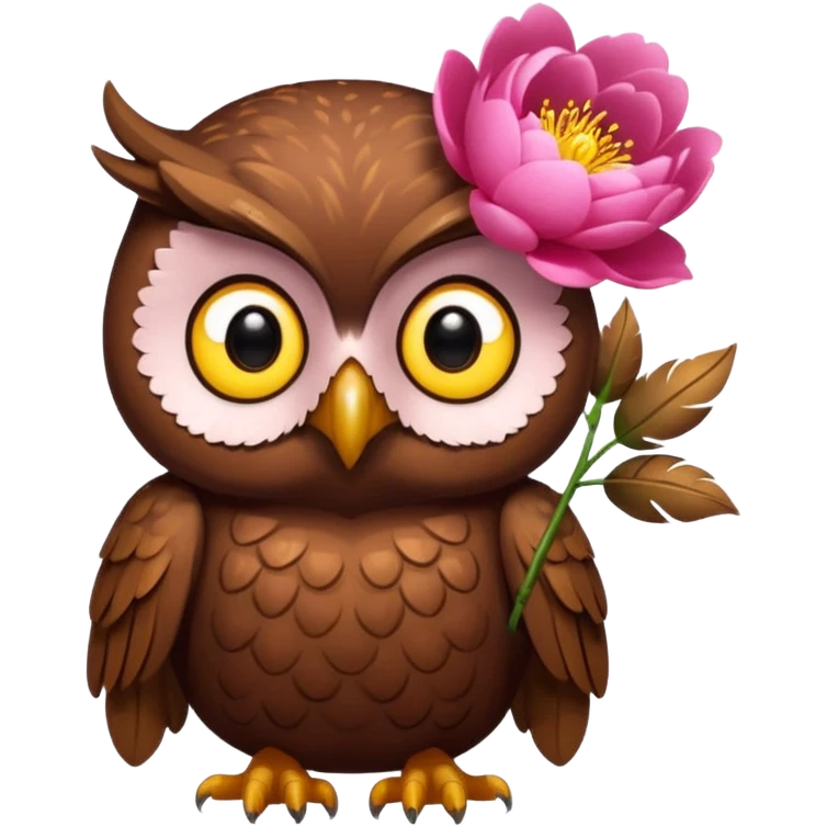 Cute Sparkle Brown Owl holding a peony emoji