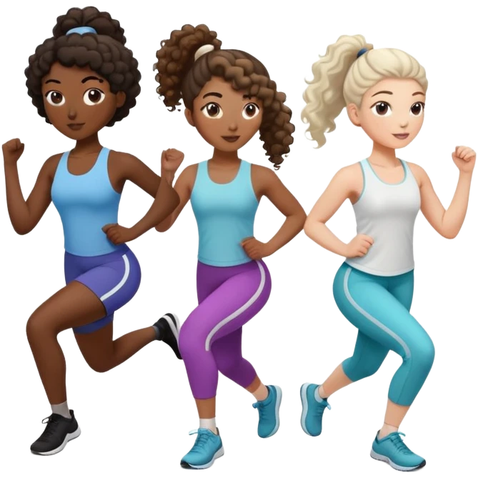 three women friends exercising together, one black woman with curly brown hair, one pale white woman with curly brown hair, and one pale white woman with straight brown hair in a ponytail emoji