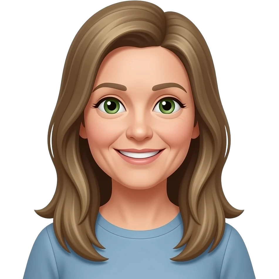 mulher cabelo longo liso loiro escuro, olhos verdes, 60 anos sorriso emoji