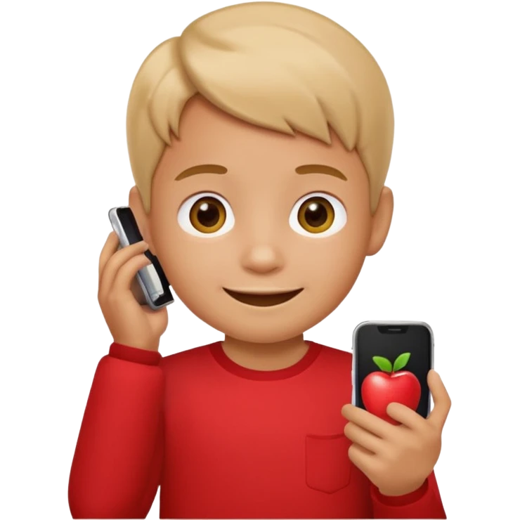 A little kid holding a phone, apple style emoji, wearing a red shirt. emoji