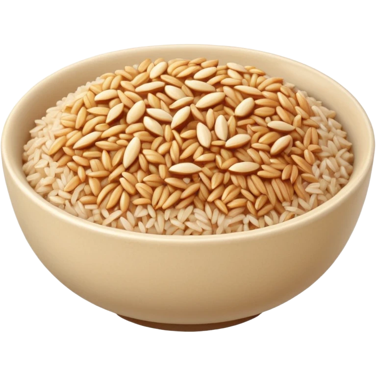 simple round bowl filled with fluffy cooked brown rice, individual grains, warm beige to light brown tones, soft but slightly firm texture, subtle sheen from steam, no chopsticks, garnish, or extras, soft lighting, subtle shadows, emoji scale emoji