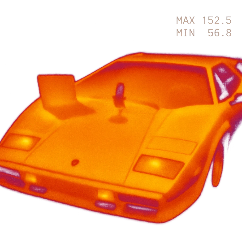 Lamborghini Countach with a laptop and recording microphone on the hood emoji