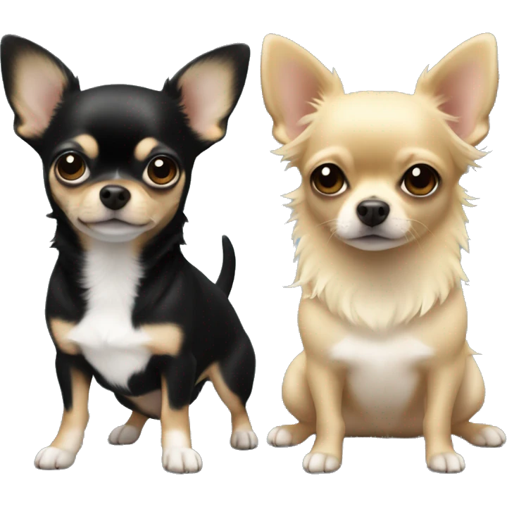 Two chihuahuas, one black, the other white, on the handles of a girl with curly blond hair emoji