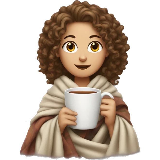 a White girl with curly hair wrapped in a blanket with a cup of tea emoji