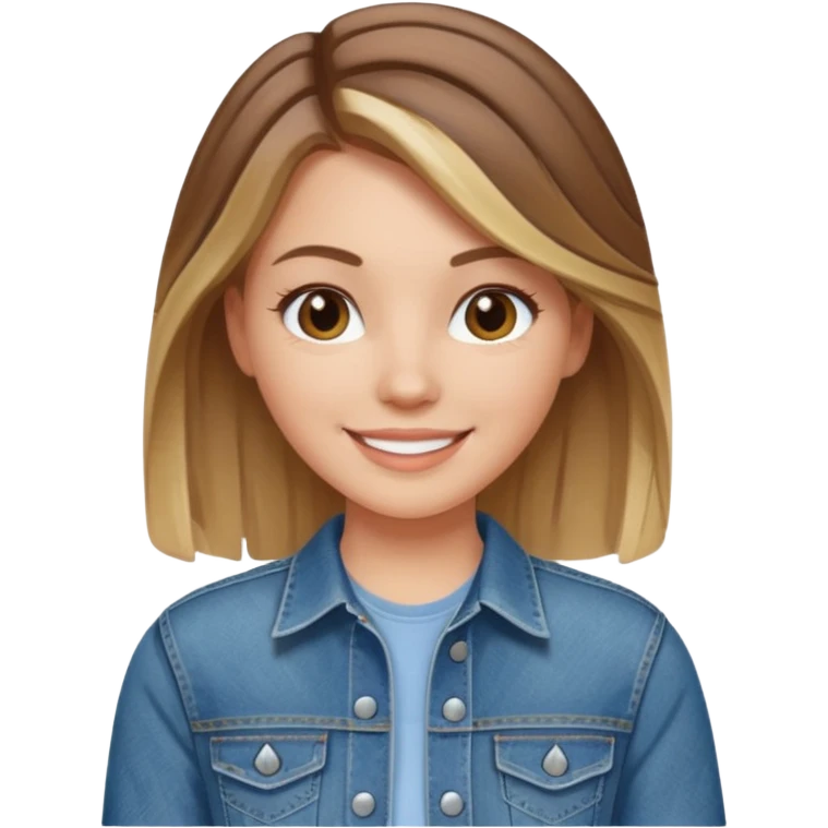 White girl with medium length brown hair with blonde highlights in denim smiles emoji