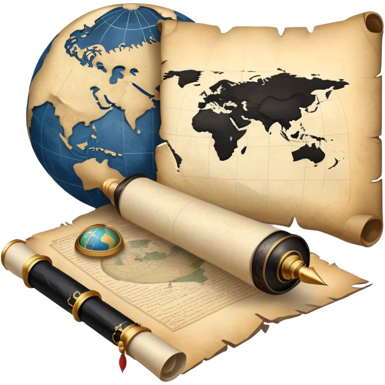 An icon featuring an ancient scroll, a quill pen, and a globe, symbolizing the study of history. The design includes a timeline with significant historical events, with ruins in the background to evoke past civilizations. Transparent background emphasizes the exploration of human history emoji