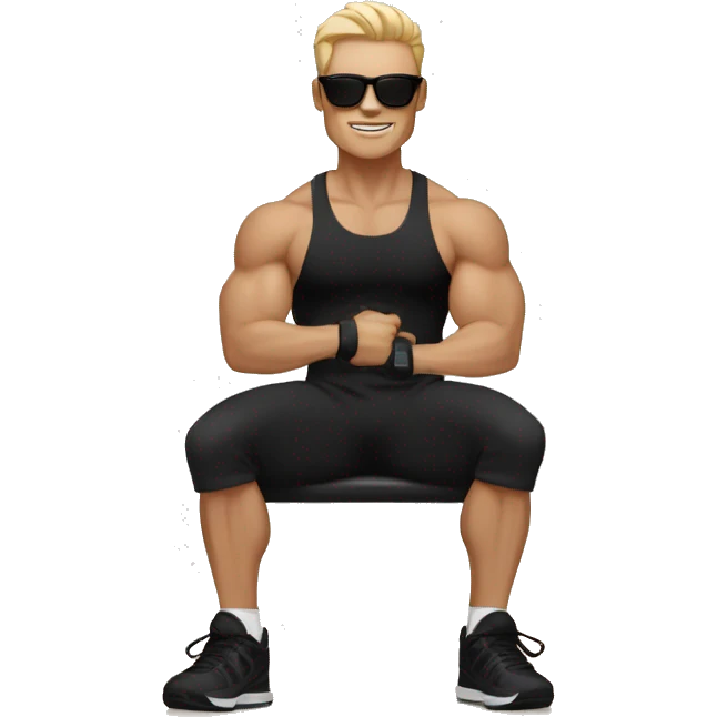 A man sit in the gym and wear black lower black shoes black t shirt black sunglasses and hold gym dumbles and skin colour is white  emoji
