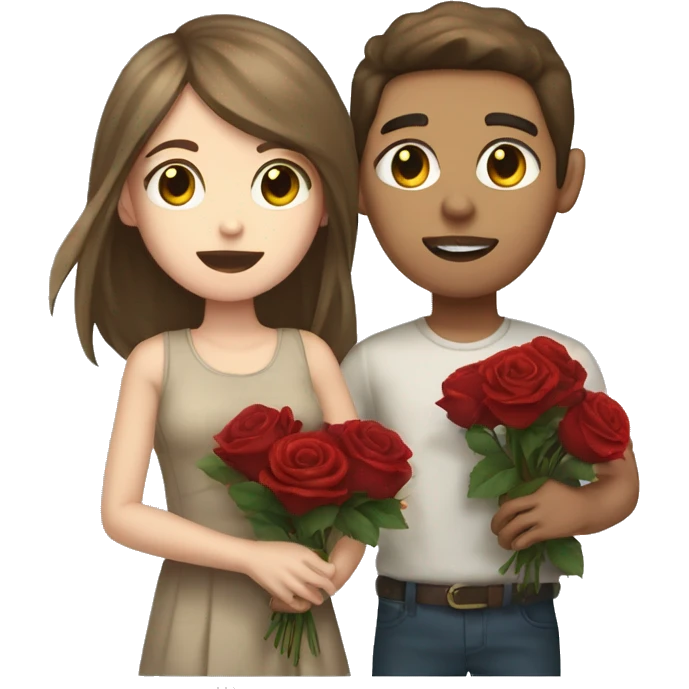 Light skin brown haired girl and a white skinned brown haired boy holding dead roses emoji