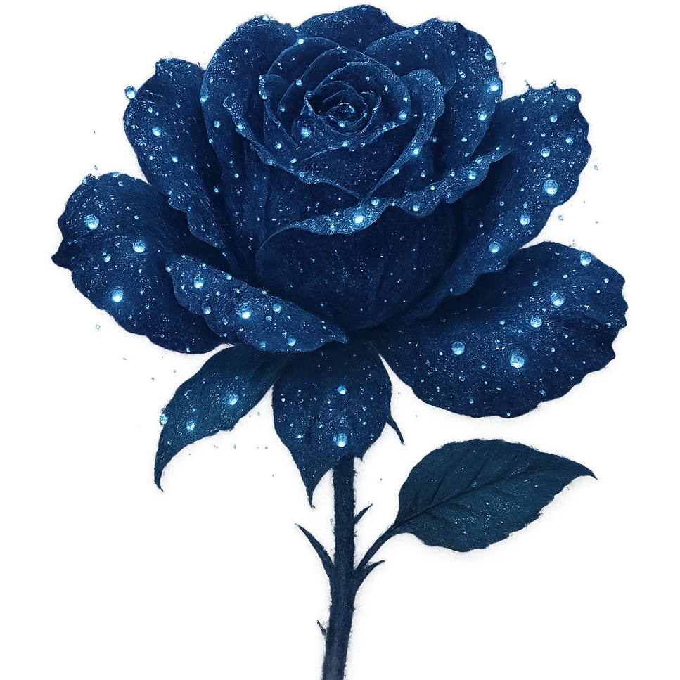 Add glowing dewdrops on the petals of the midnight rose in dark indigo, shimmering with silver flecks and a mysterious, elegant aura. Keep the background transparent. The style should reflect a delicate and ethereal look with emphasis on the glowing effect and silver accents. emoji