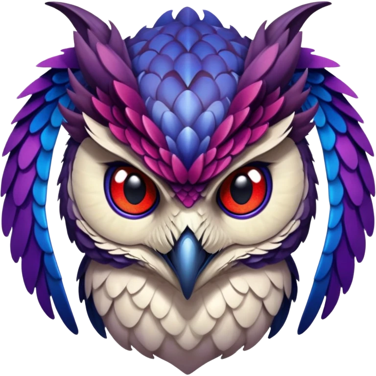 Owl dragon hybrid front facing dark purple and blue and red emoji