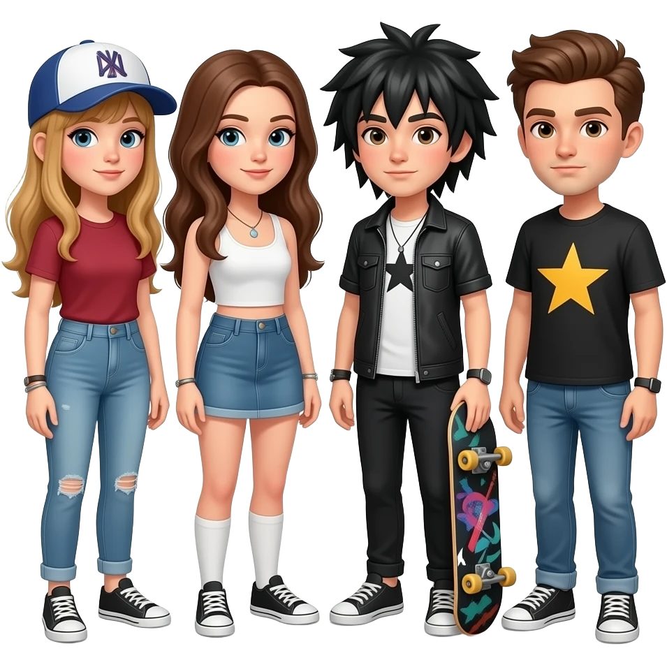 grupo de 4 amigos jovenes hablando en ronda, 2 con pelo largo,2 mujeres, 2 varones. unx que use gorra, otrx que sea emo, otrx músico, otrx con patineta, otrx roñoso emoji