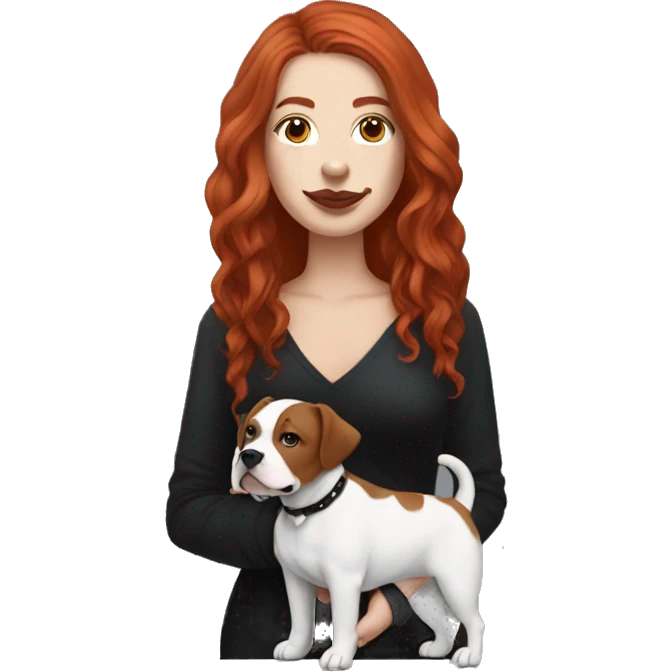 Long Red haired woman with septum piercing holding black and white English Staffordshire dog emoji