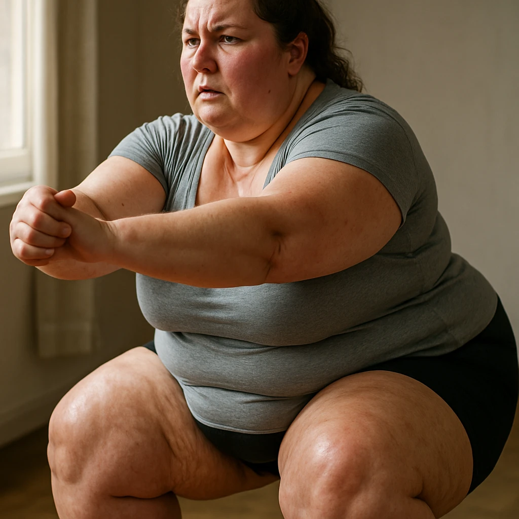 overweight woman doing squats, stubborn fat on legs and thighs, hyper realistic 4K style, skin details, effort atmosphere, natural light emoji