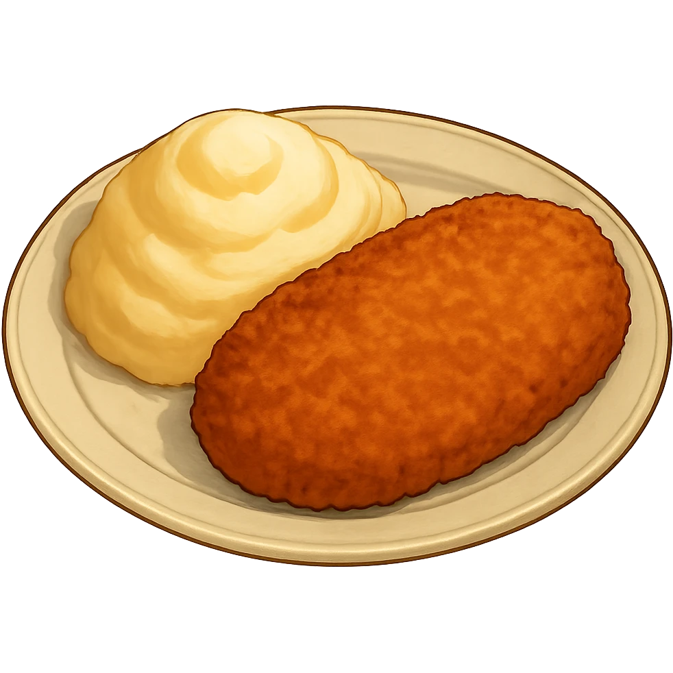 Illustration of a plate with milanesa and mashed potatoes together on the same plate, warm and detailed style, ghibli style, no background, emoji format. emoji