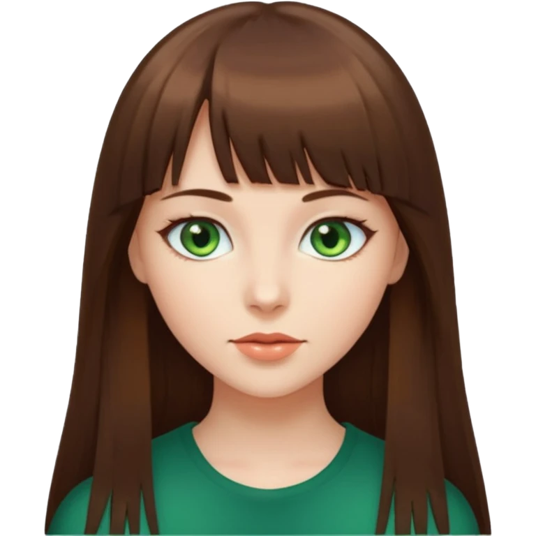 beautiful woman, straight long brown hair with bang, green eyes  emoji