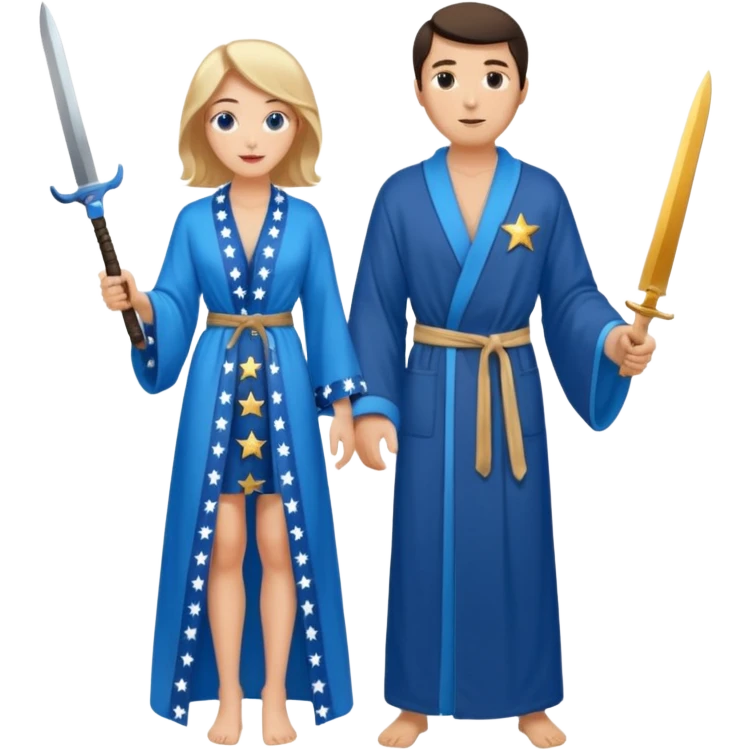 An upright Europe (a tall woman), wearing a blue, flowing robe with stars on the hem. In the background stands a man, with a knife emoji