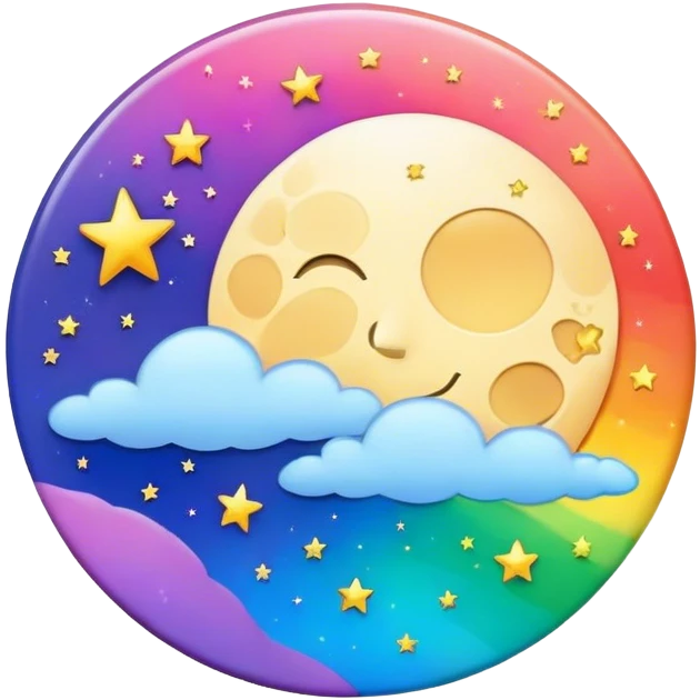 A round psychedelic colored button with rainbow colored moon and stars in the center emoji