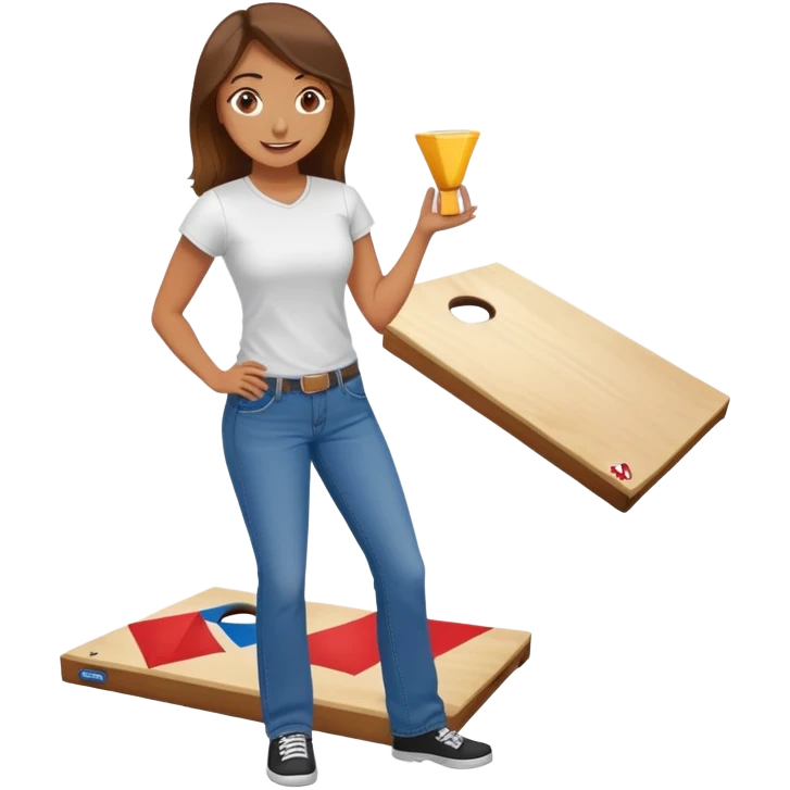 A happy female in jeans and tshirt, standing alongside a Cornhole board, holding a cornhole bag emoji