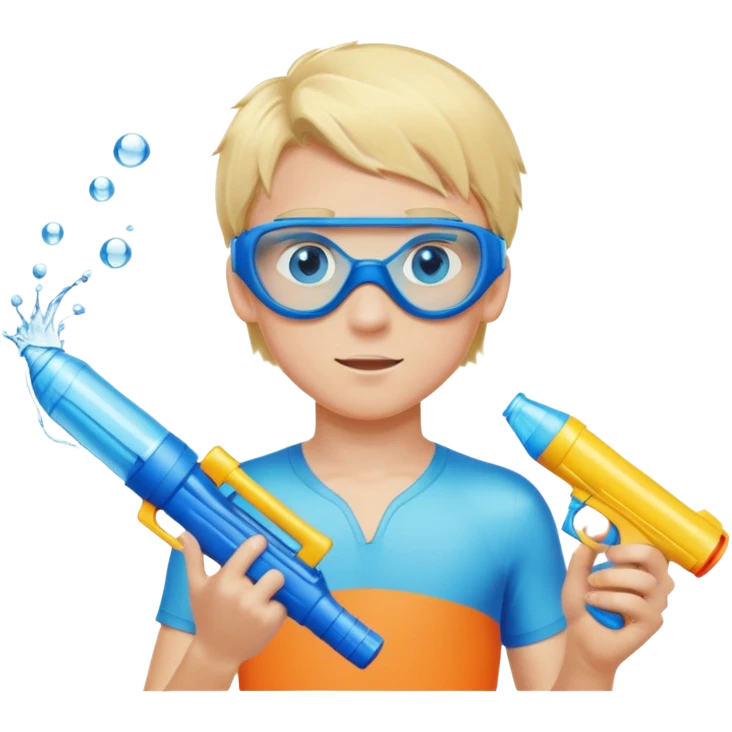 Blond 18 year old boy, with blue eyes, wearing swim goggles, normal clothes, holding a water gun emoji
