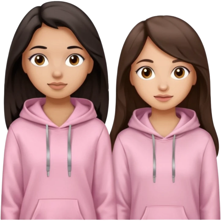 A pretty girl with light skin and long straight black brown hair, wearing a very light pink basic hoodie with brown eyes and makeup and a round face with another girl who is taller with an oval face, tan skin and very wavy brown hair, and a light pink basic shirt emoji