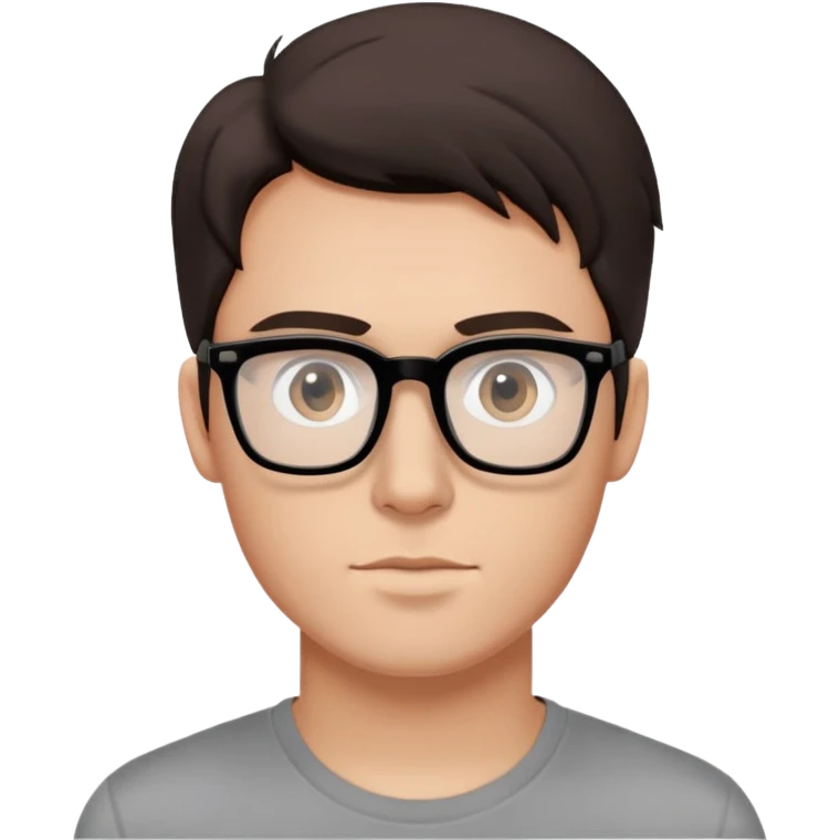 Digital illustration, inspired by Apple emojis, showcases a young Caucasian man from the shoulders up, with smooth, light peach skin and subtle shading on his face. His dark brown hair is styled neatly, and he wears black, rectangular eyeglasses reflecting a dual-colored computer screen; dressed in a gray t-shirt with a simple black graphic, the image is crisp, clean, and captures his expression and unique details in perfect focus. emoji