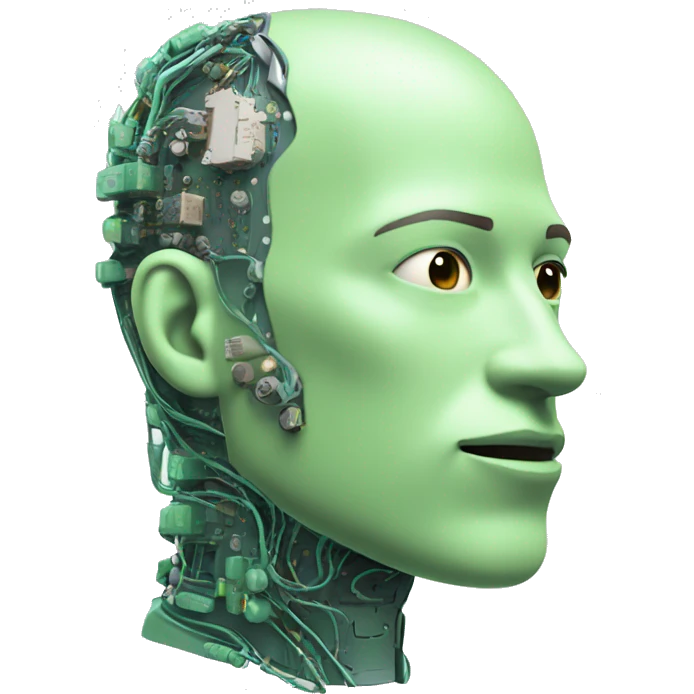 Pastel green bald male cyborg head with goatee and circuitry emoji